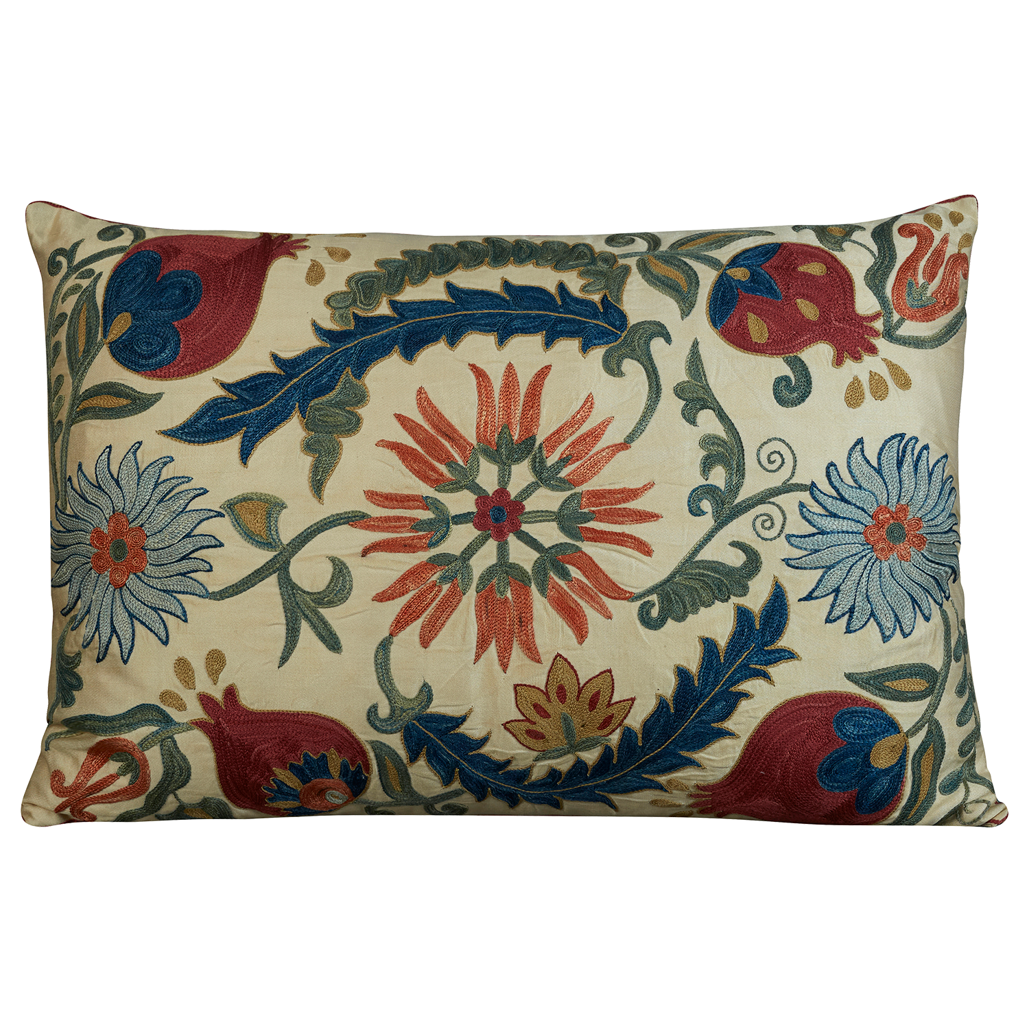 Rectangular silk suzani embroidered cushion - pillow with all over floral design featuring Ottoman pomegranate and tulip central medallion