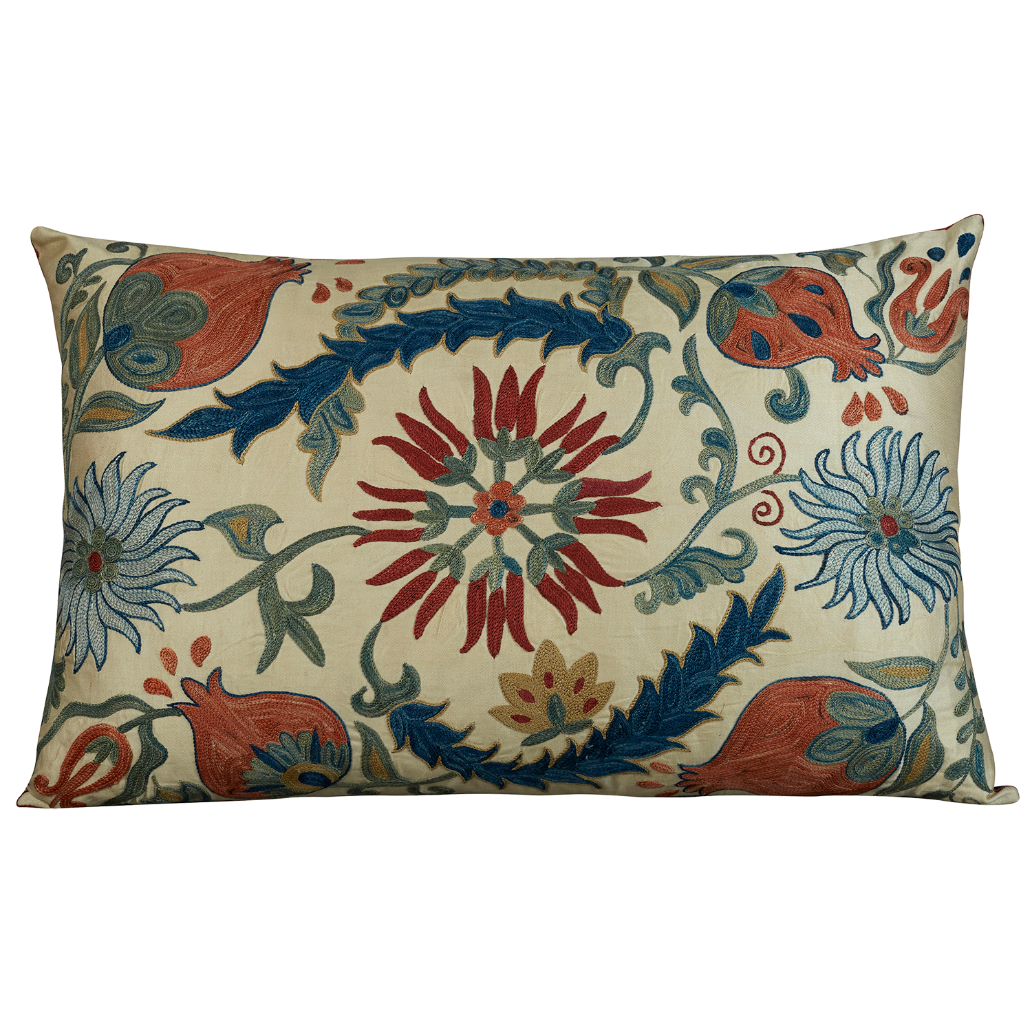 Rectangular silk suzani embroidered cushion - pillow with all over floral design featuring Ottoman pomegranate and red tulip central medallion