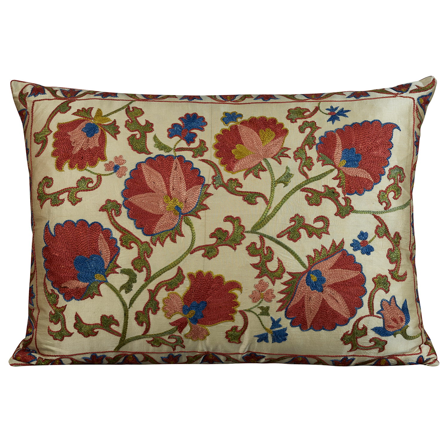 Rectangular silk suzani embroidered cushion - pillow with trailing Ottoman carnation design