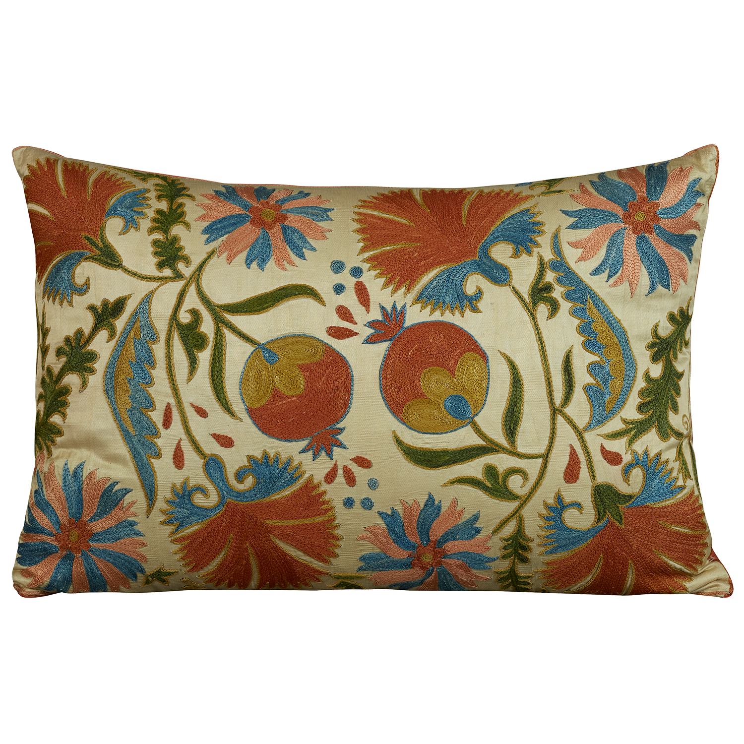 Rectangular silk suzani embroidered cushion - pillow with classical Ottoman pomegranate and carnation design