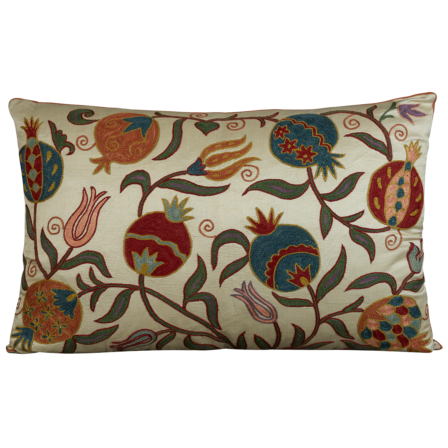 Rectangular silk suzani embroidered cushion - pillow with trailing Ottoman pomegranate design with pink/purple tulips