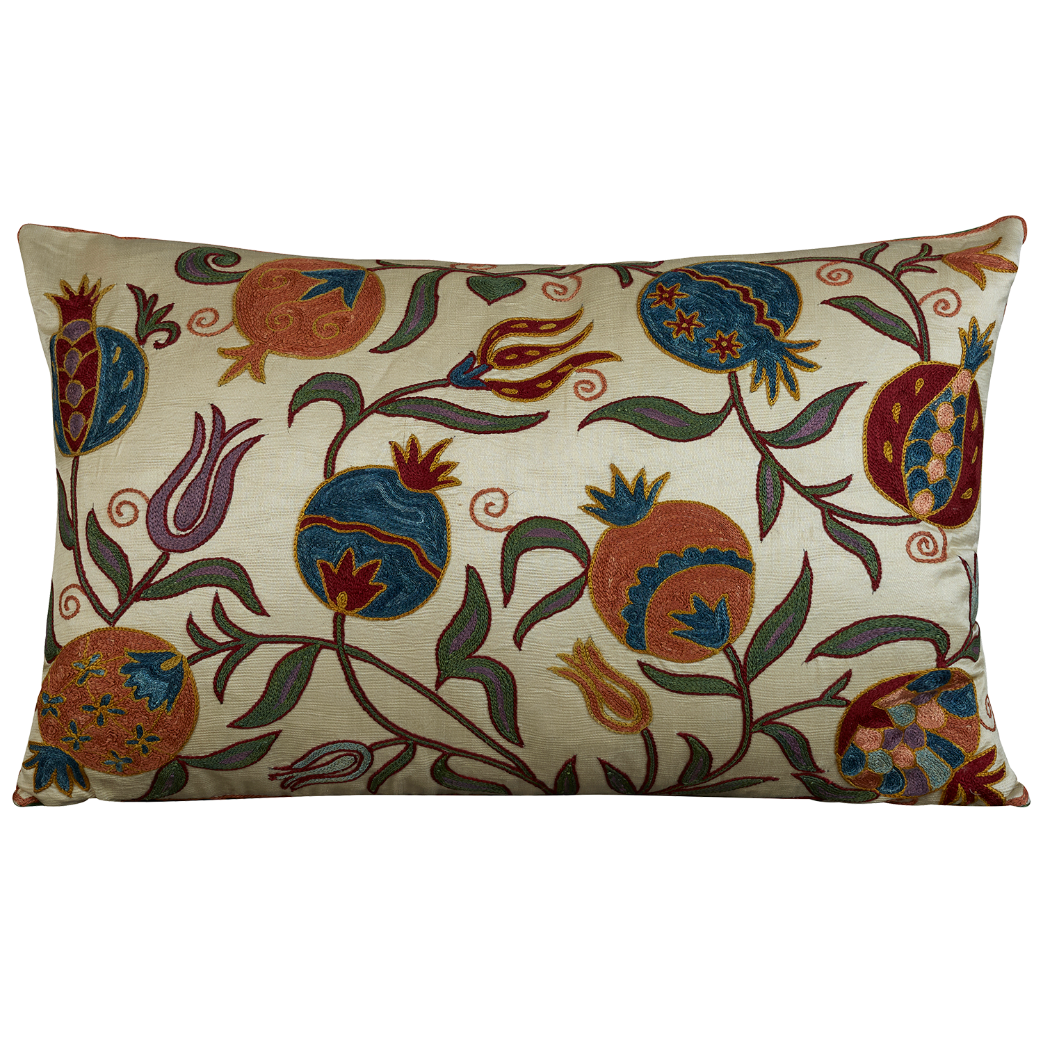 Rectangular silk suzani embroidered cushion - pillow with trailing Ottoman pomegranate design with purple tulips