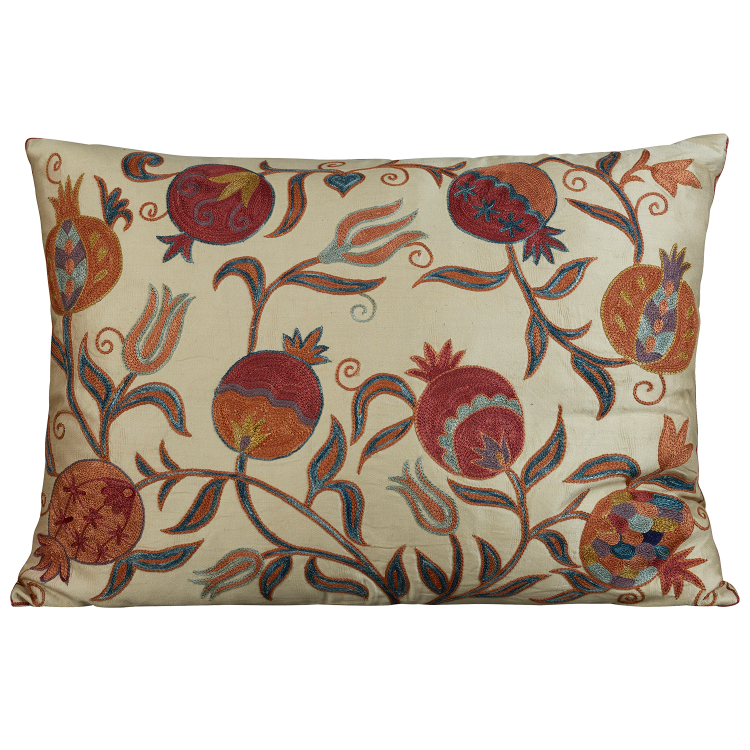 Rectangular silk suzani embroidered cushion - pillow with trailing Ottoman pomegranate design with orange tulips