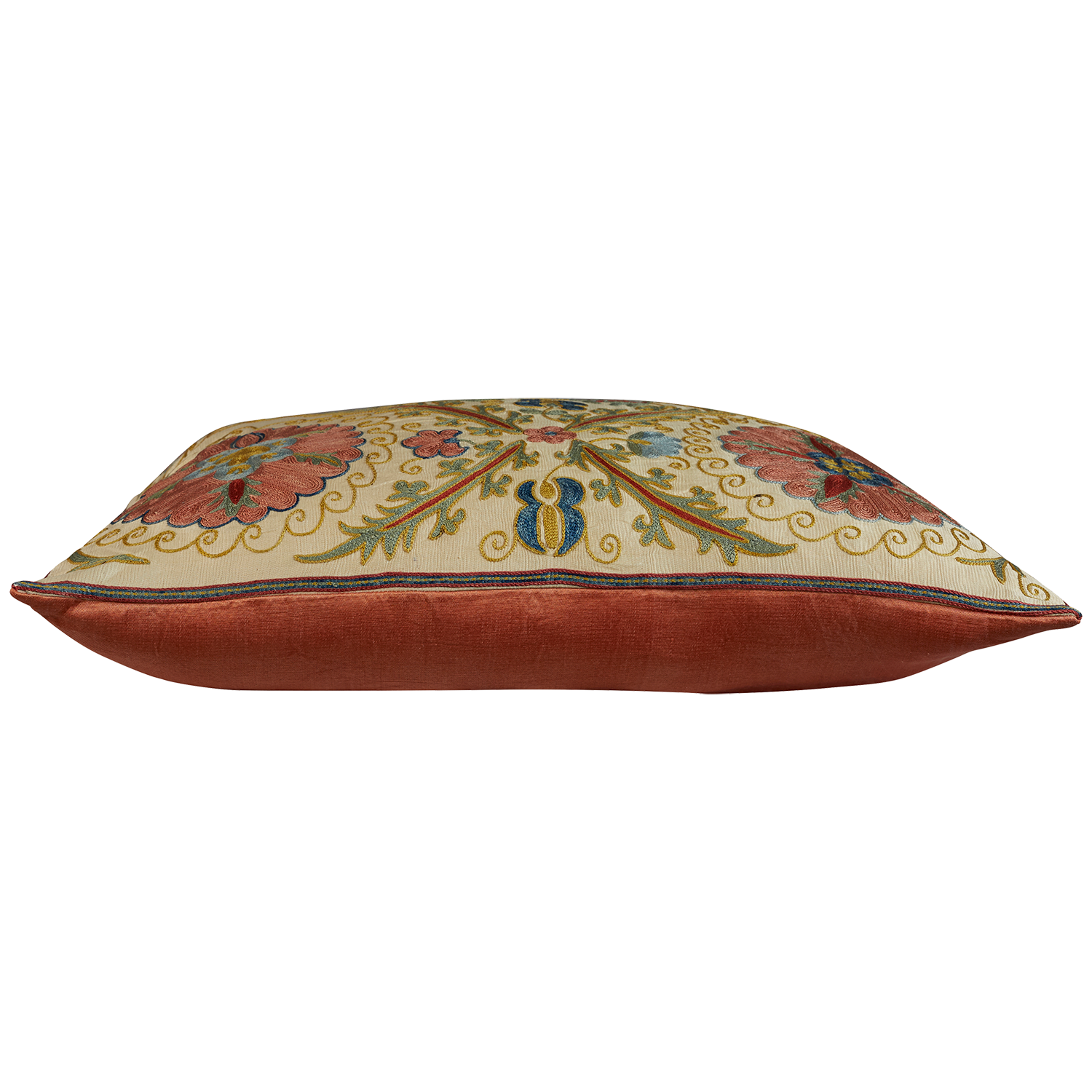 Rectangular silk suzani embroidered cushion with trellis floral design and border