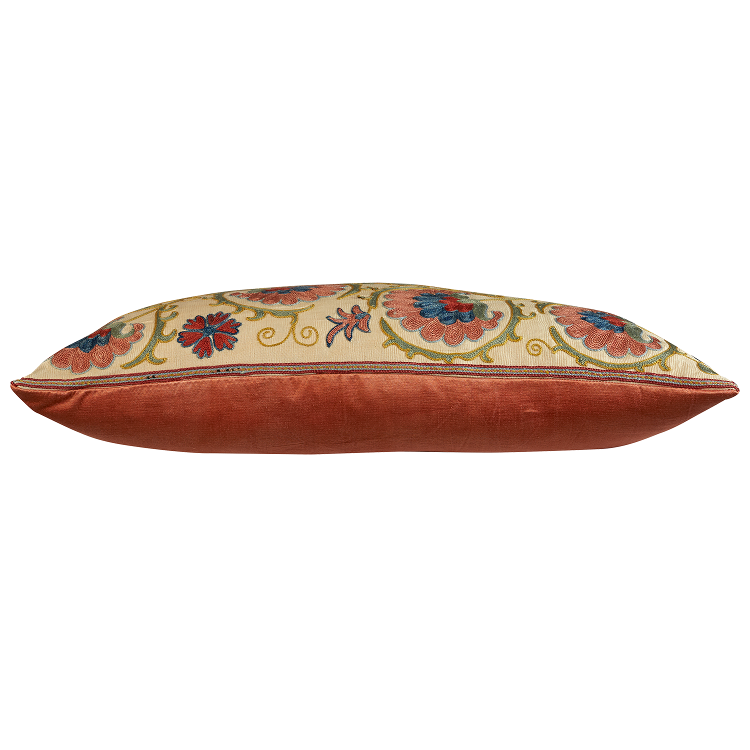 Rectangular silk suzani embroidered cushion with symmetrical floral design and border