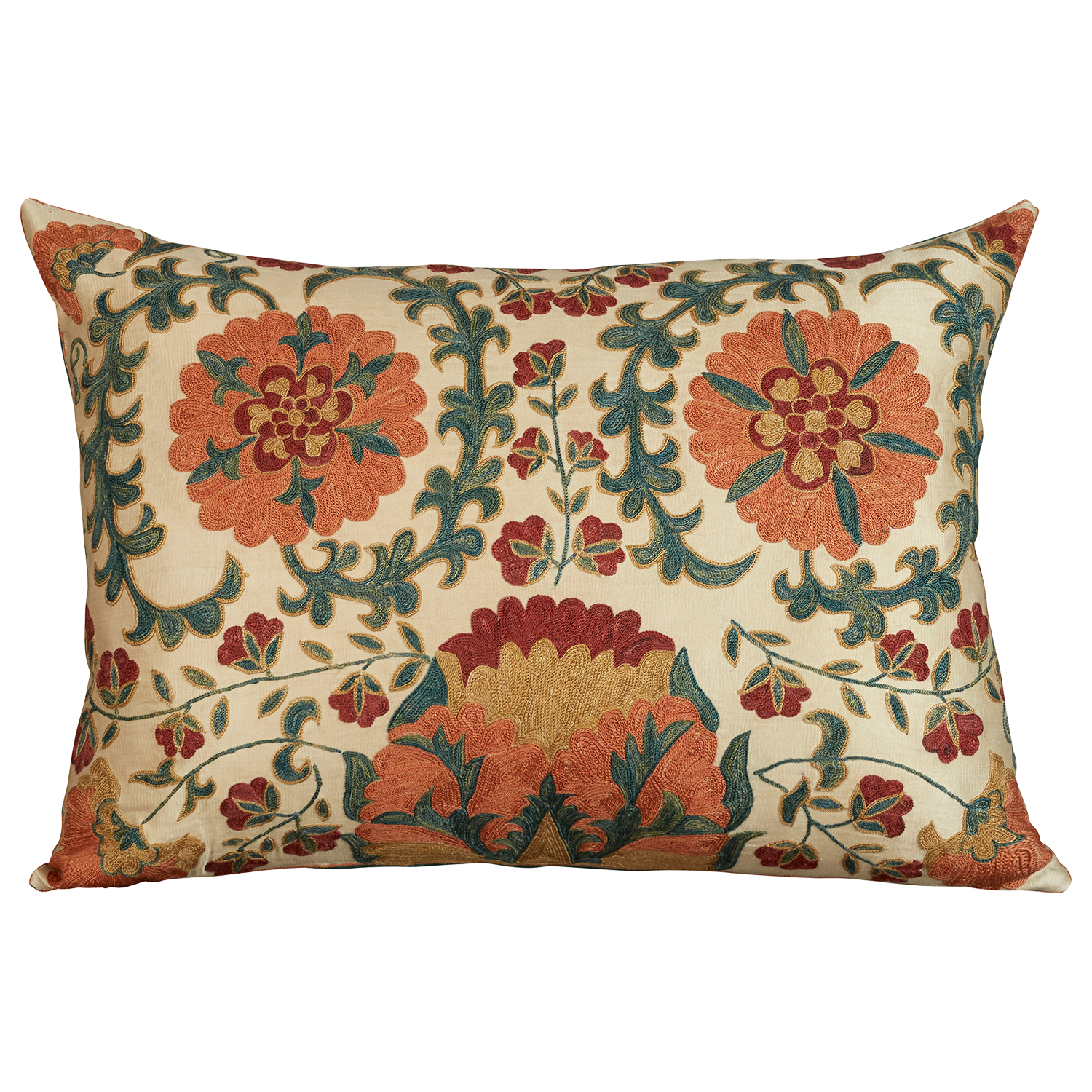 Rectangular silk suzani cushion with stylised Chrysanthemum design on cream ground