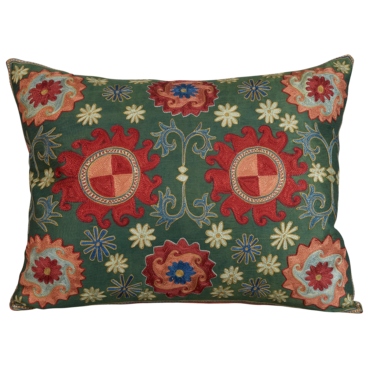 Rectangular silk suzani cushion with stylised sunburst and solar bloom design on leaf green ground