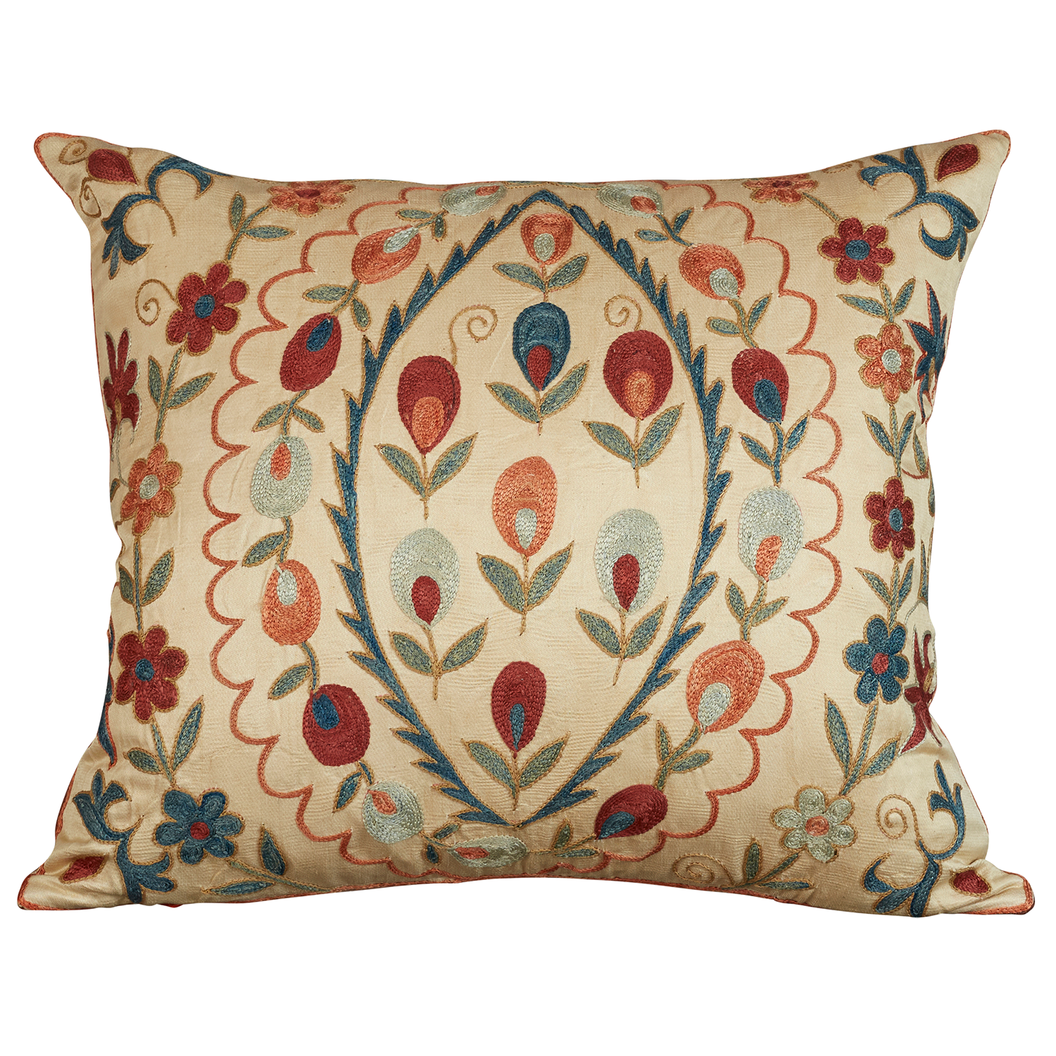 Rectangular silk suzani cushion with all over Ottoman stylised floral design
