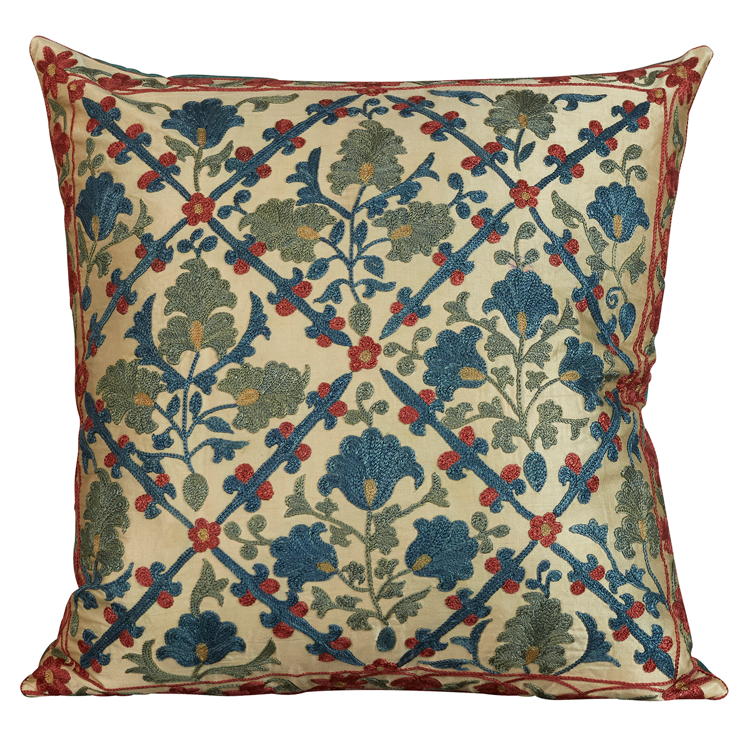 Square silk suzani cushion with Persian floral design nestled in a trellis