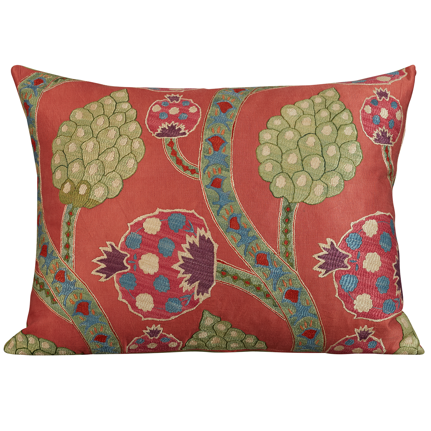 Large rectangular stylised carnation and cypress Caucasian embroidered cushion on pale madder background