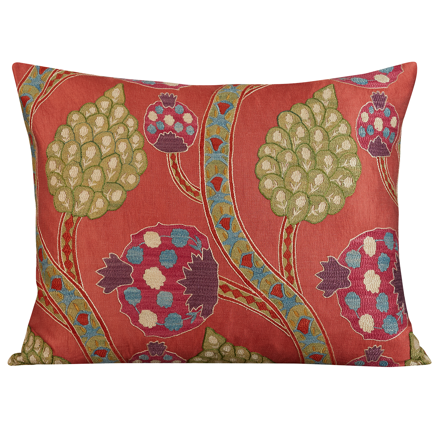 Large rectangular stylised carnation and cypress Caucasian embroidered cushion on pale madder background and green silk back
