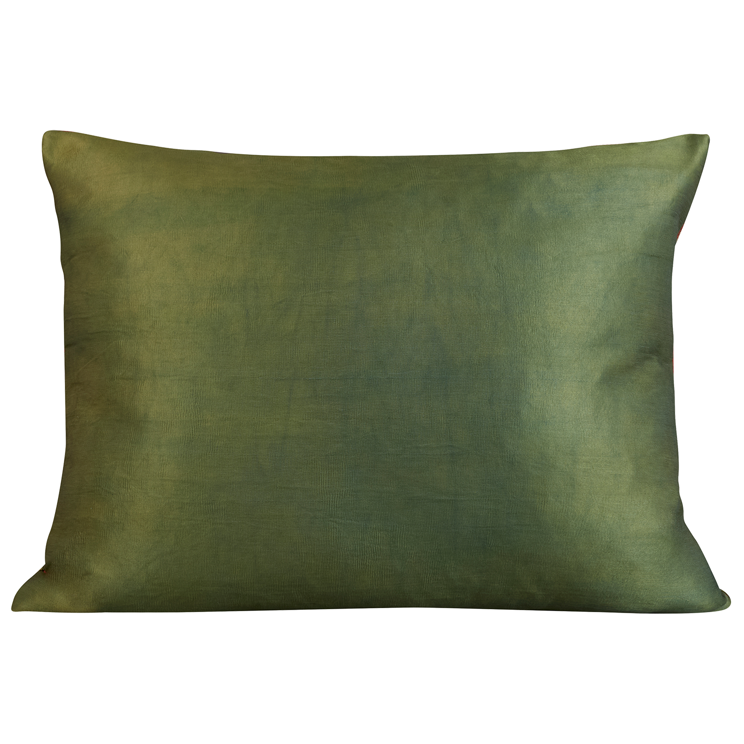 Large rectangular stylised carnation and cypress Caucasian embroidered cushion on pale madder background and green silk back