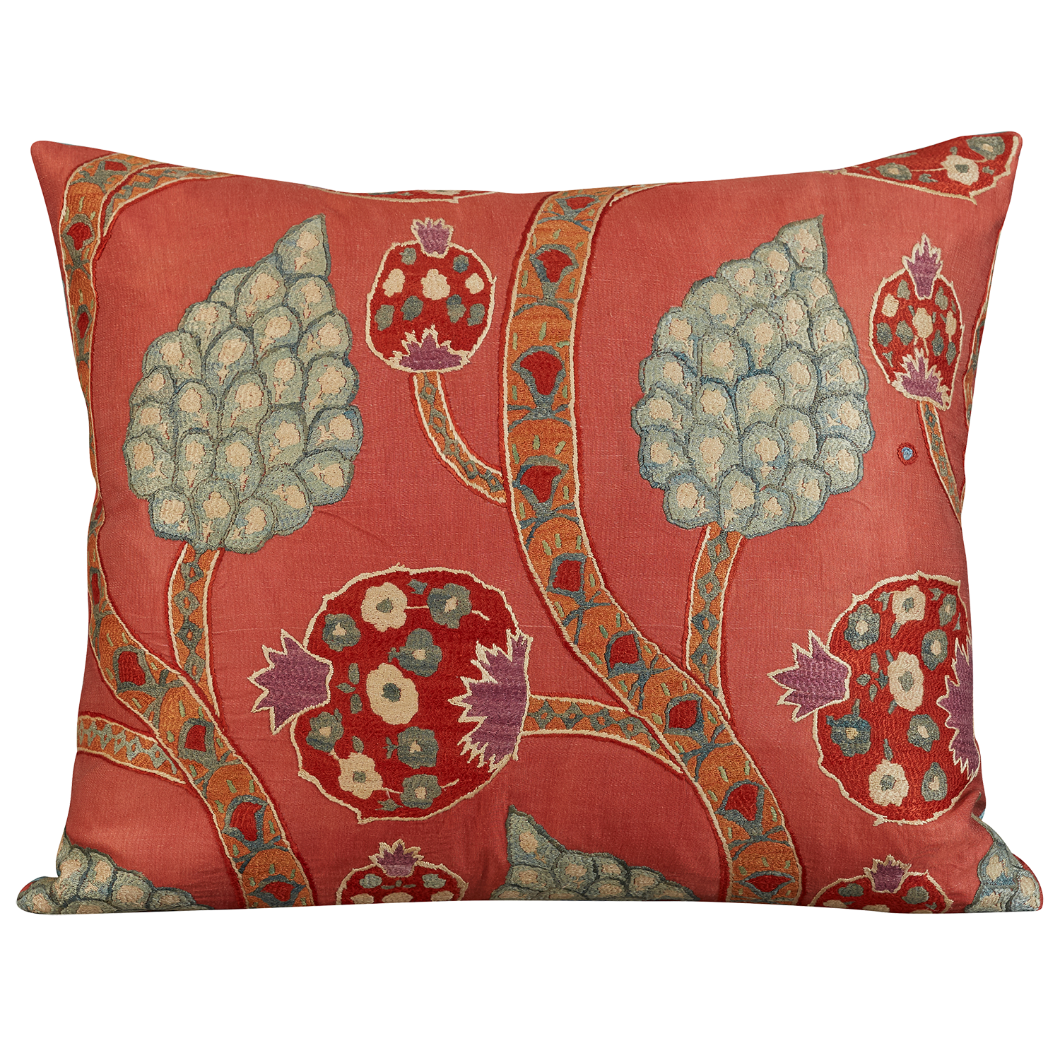 Large rectangular stylised carnation and cypress Caucasian embroidered cushion on pale madder background and blue silk back