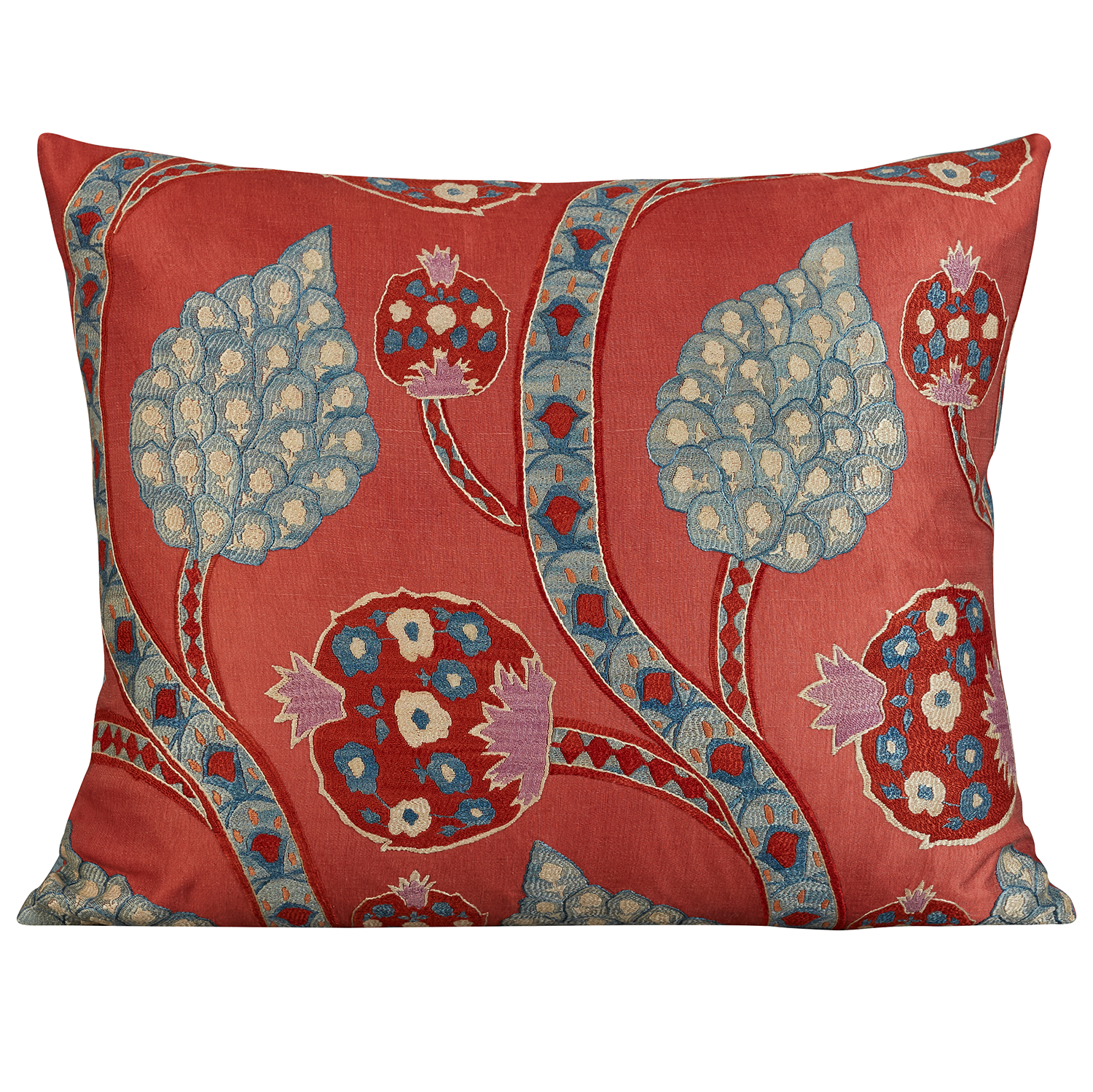 Large rectangular stylised carnation and cypress with blue vine Caucasian embroidered cushion on pale madder background