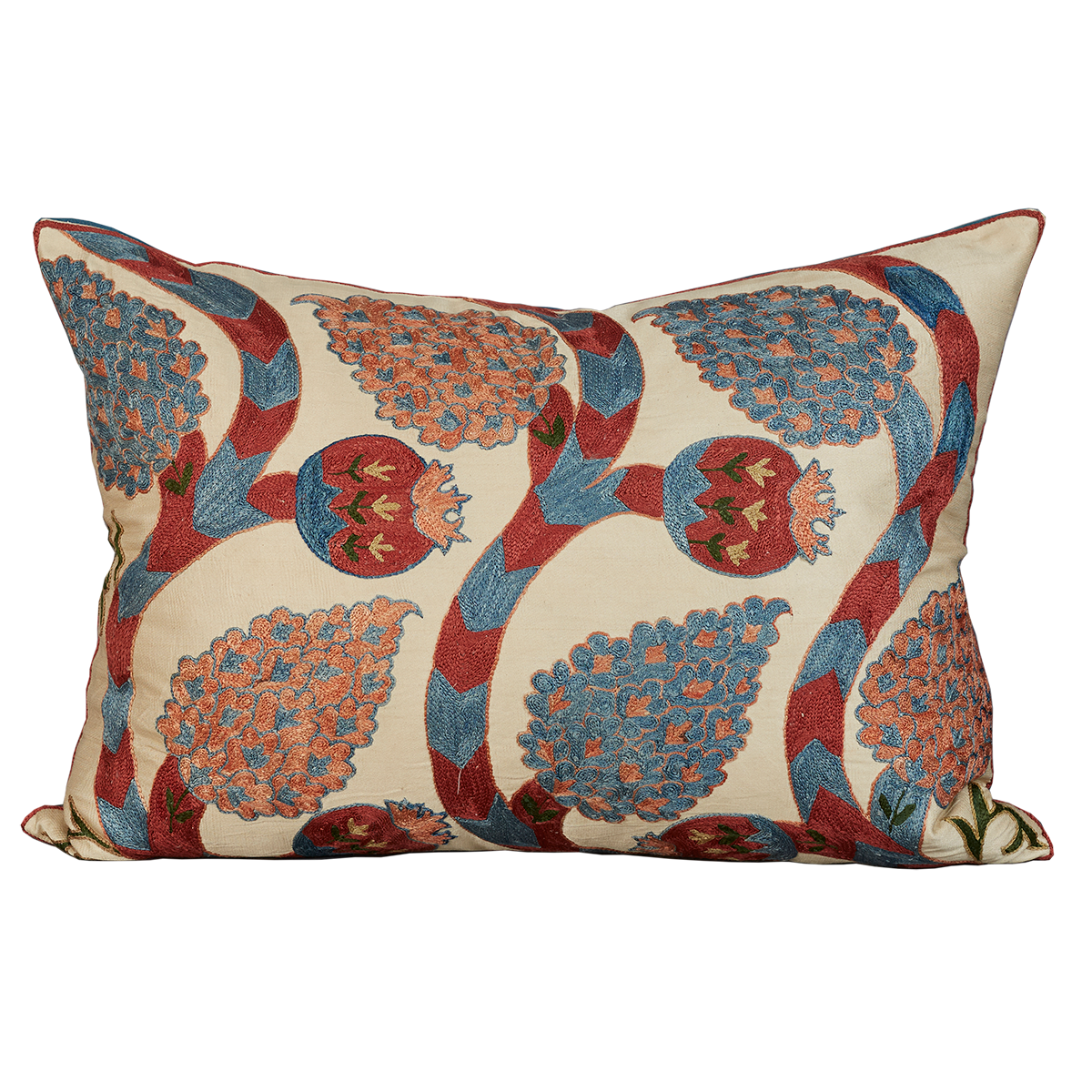 Rectangular silk suzani cushion with scrolling vine and pomegranate design