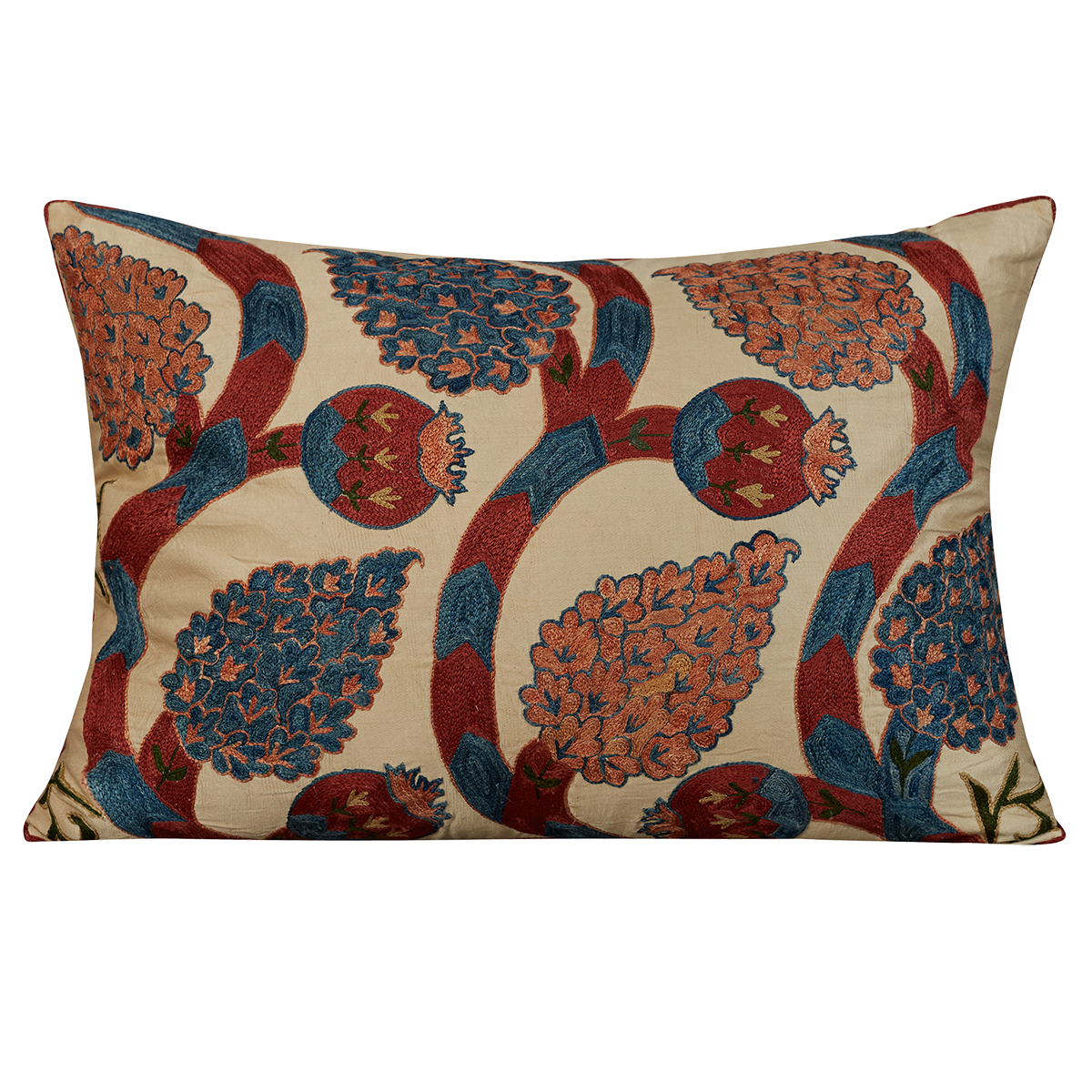 Rectangular silk suzani cushion with scrolling vine and pomegranate design and blue silk back