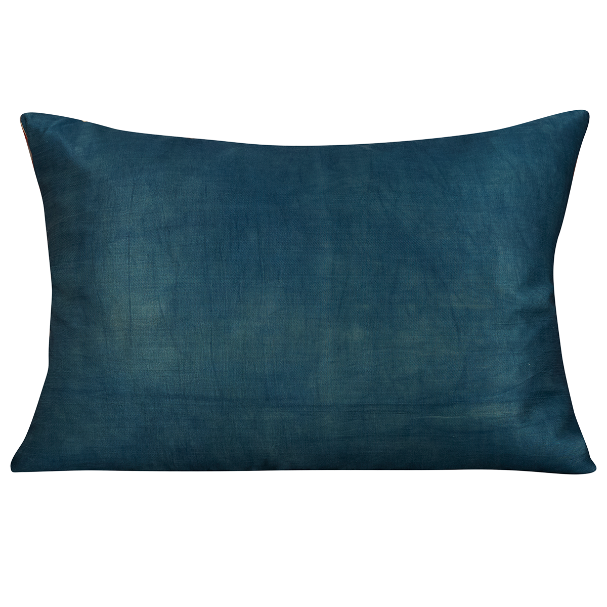 Rectangular silk suzani cushion with scrolling vine and pomegranate design and blue silk back