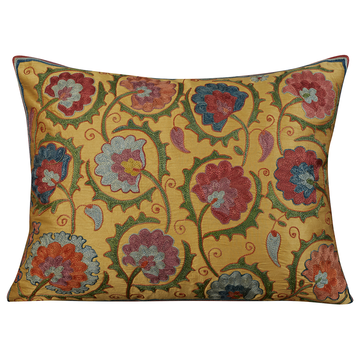 Rectangular floral carnation design silk suzani cushion design on yellow gold ground