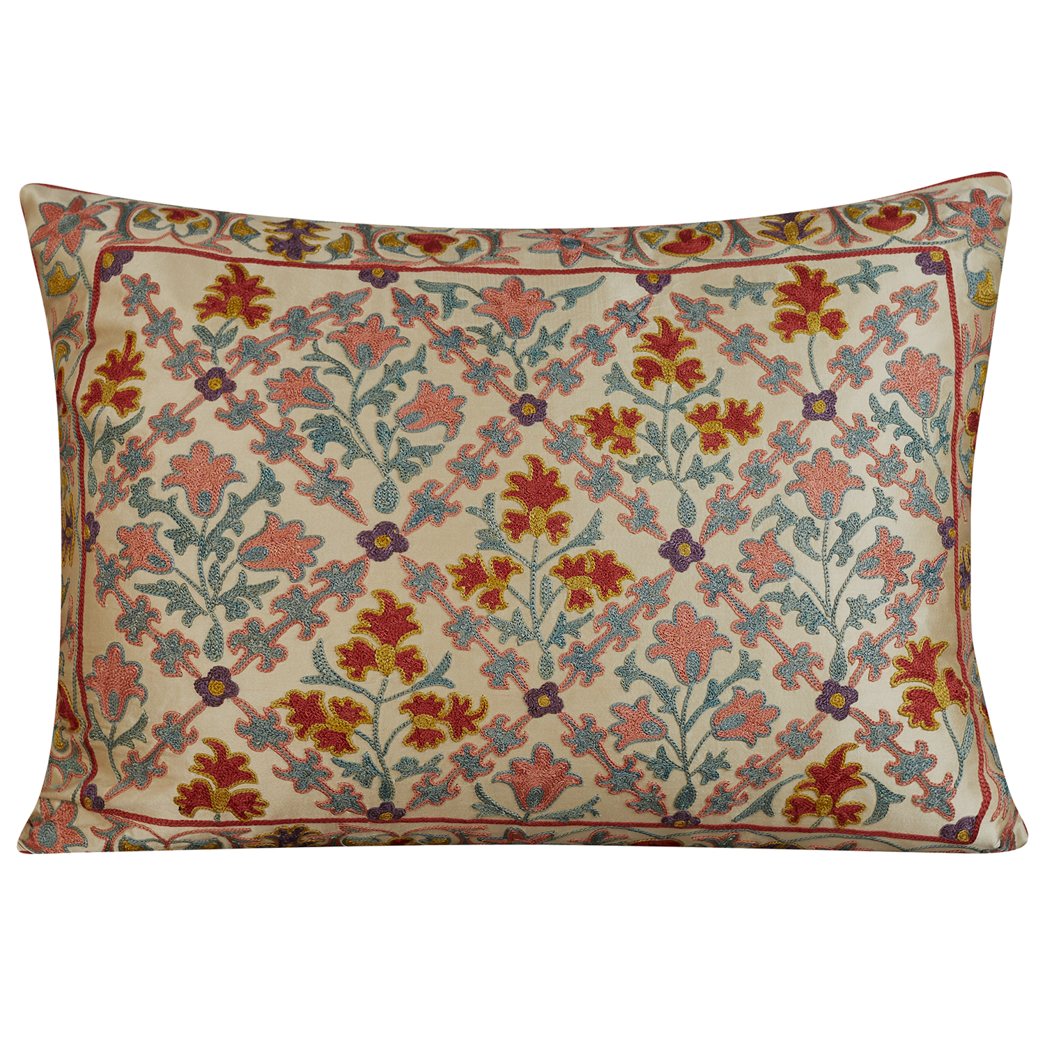 Rectangular Pink blue and red lattice design suzani on cream ground