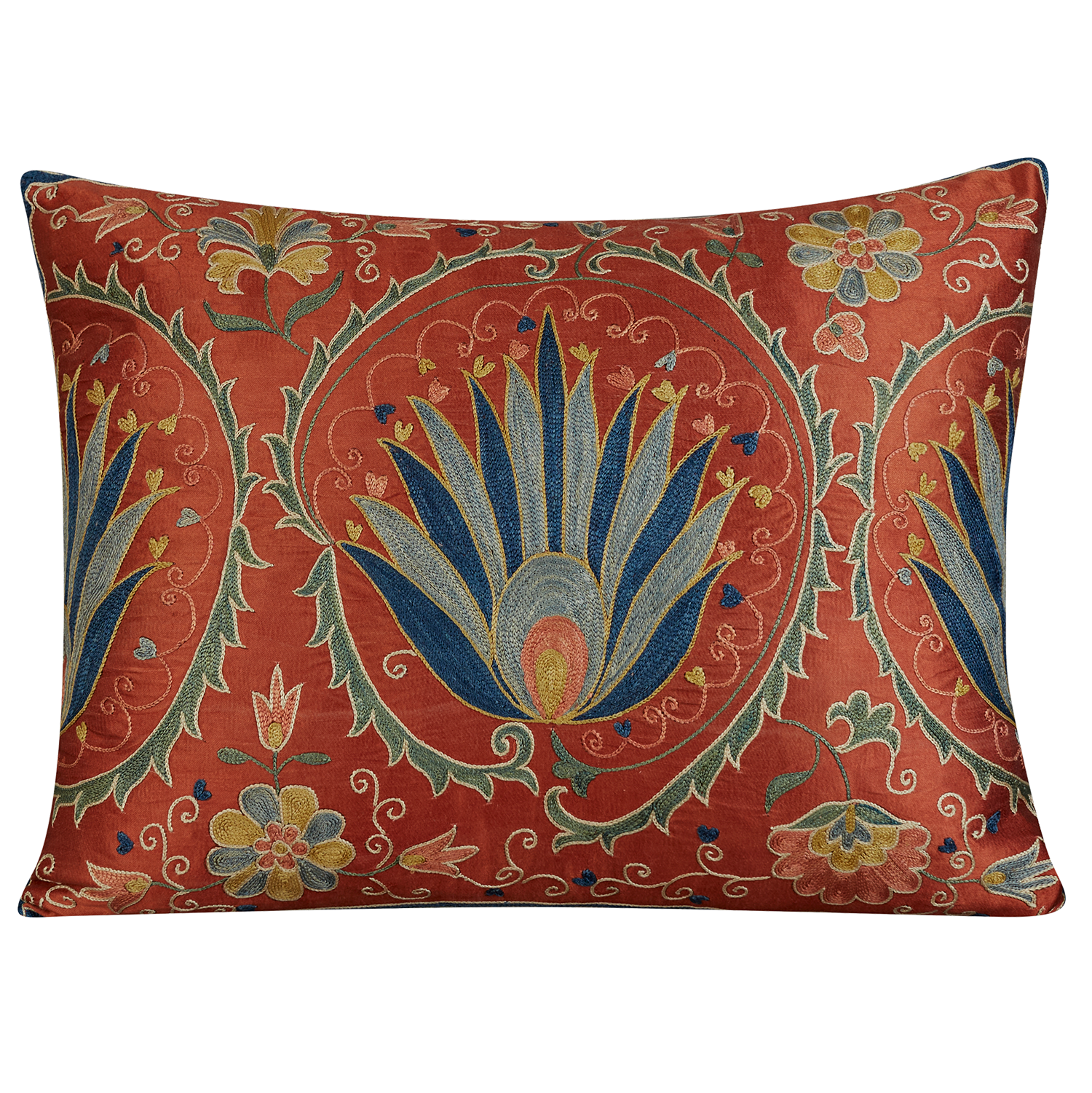 Rectangular stylised lotus-tulip motif surrounded by scrolling floral vine design suzani cushion