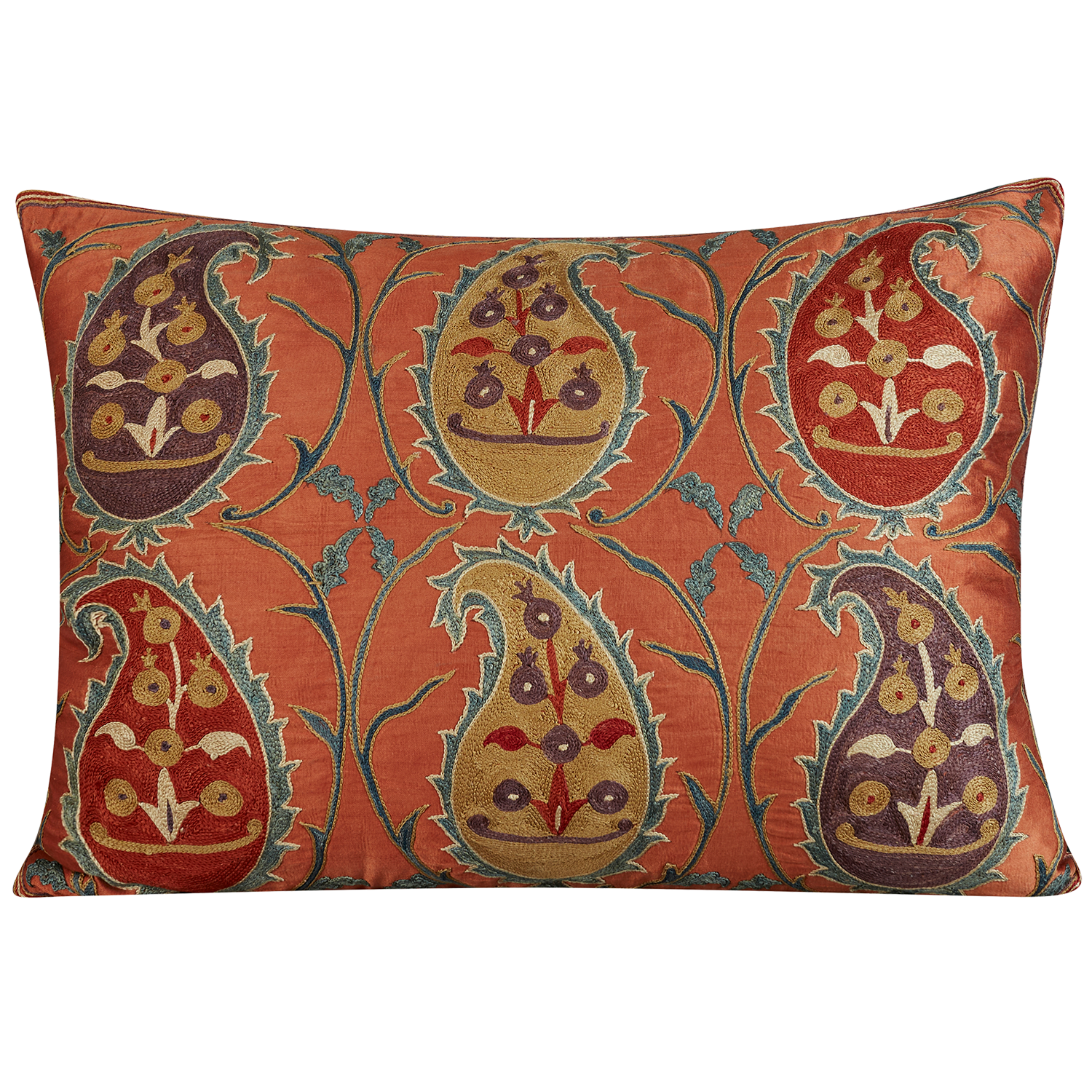 Rectangular multicoloured paisley design suzani cushion on apricot pink ground