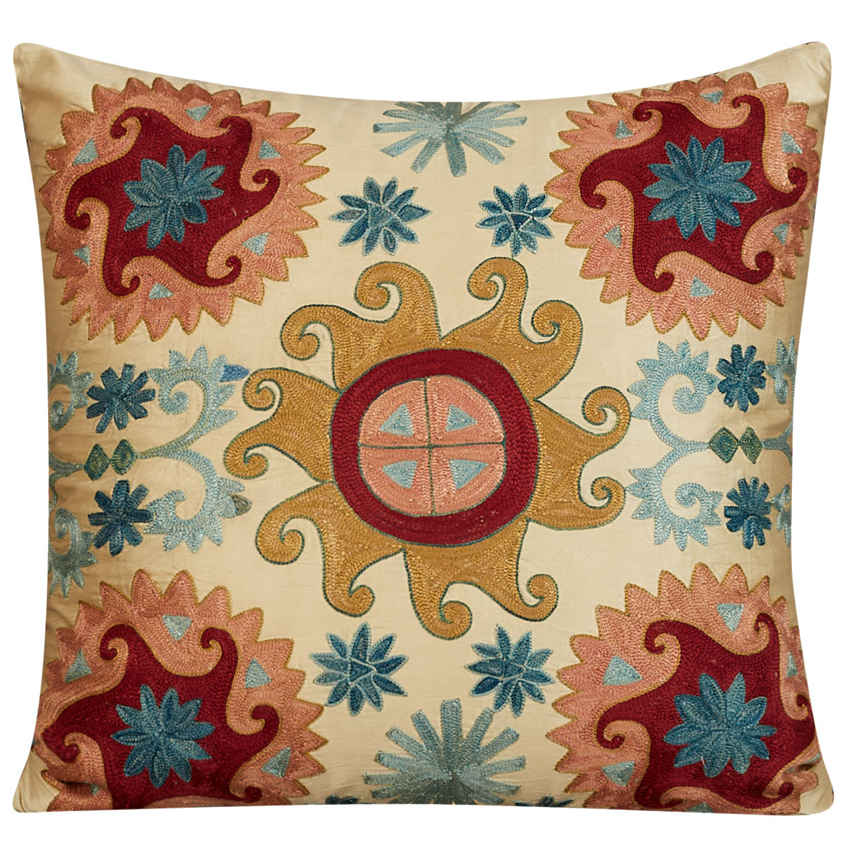 Square Anatolian design suzani on cream ground with blue silk back
