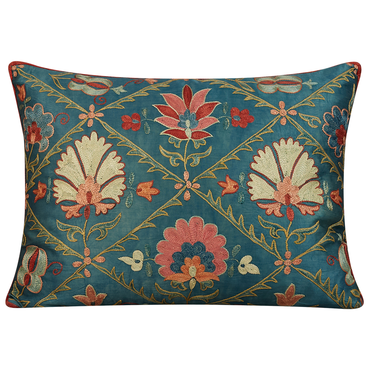 Rectangular trellis and floral design suzani on blue ground