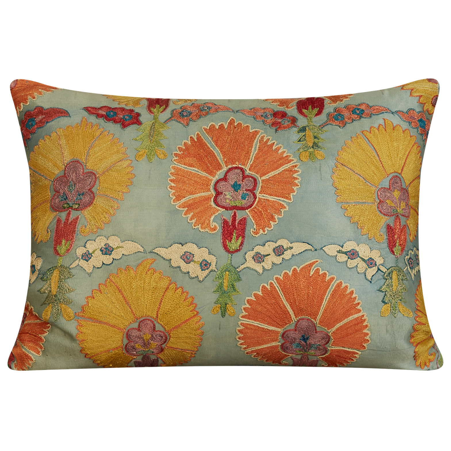 Rectangular bold yellow and orange carnation design suzani on pale blue ground