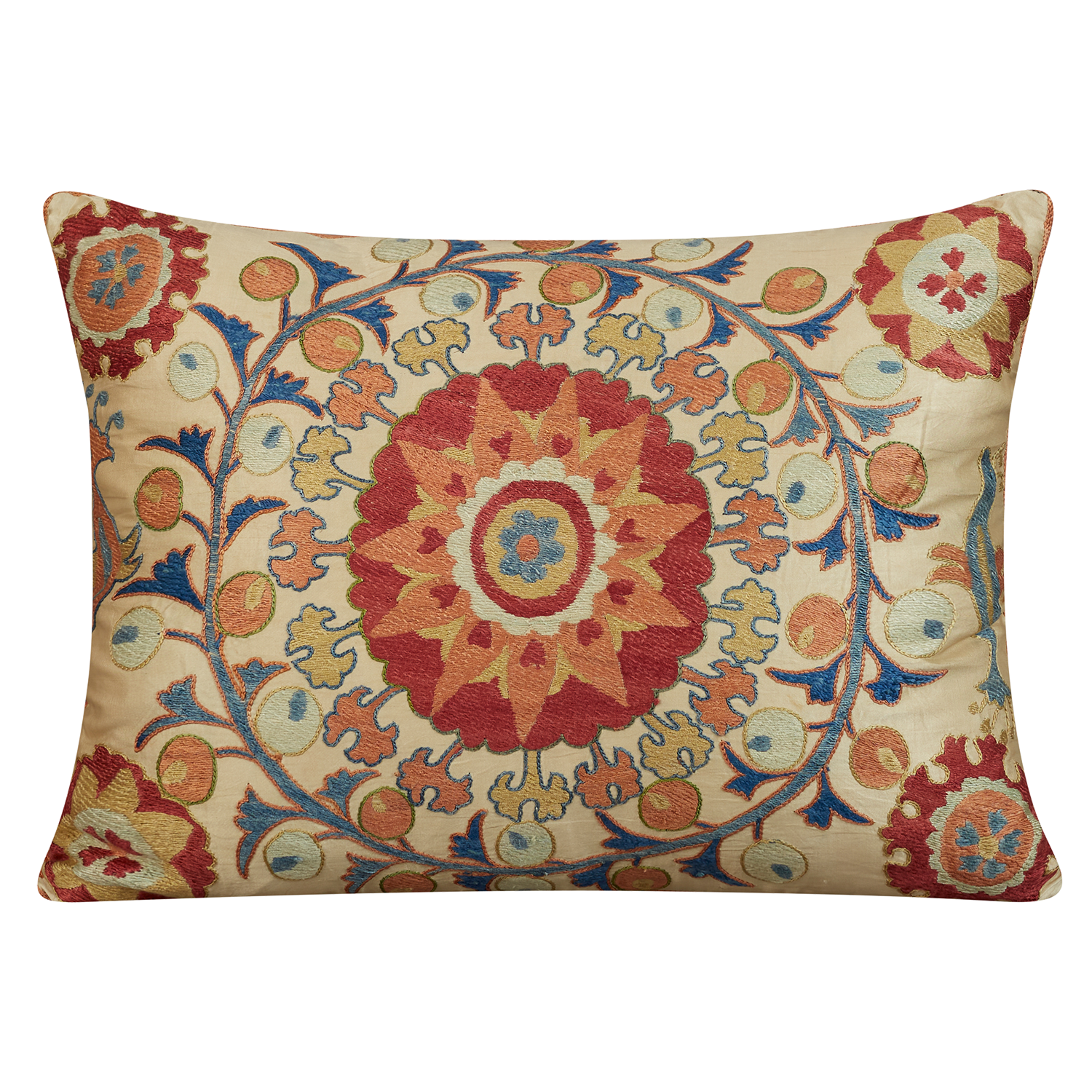 Rectangular sunburst vinework suzani with coral back