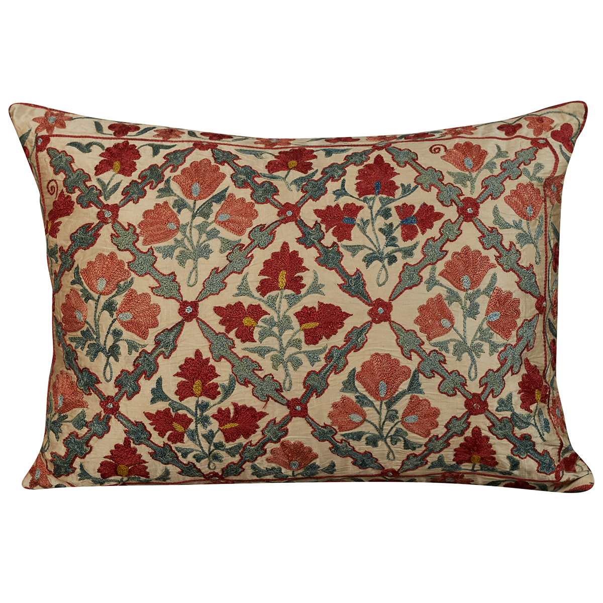 Rectangular silk suzani cushion with lattice geometric design