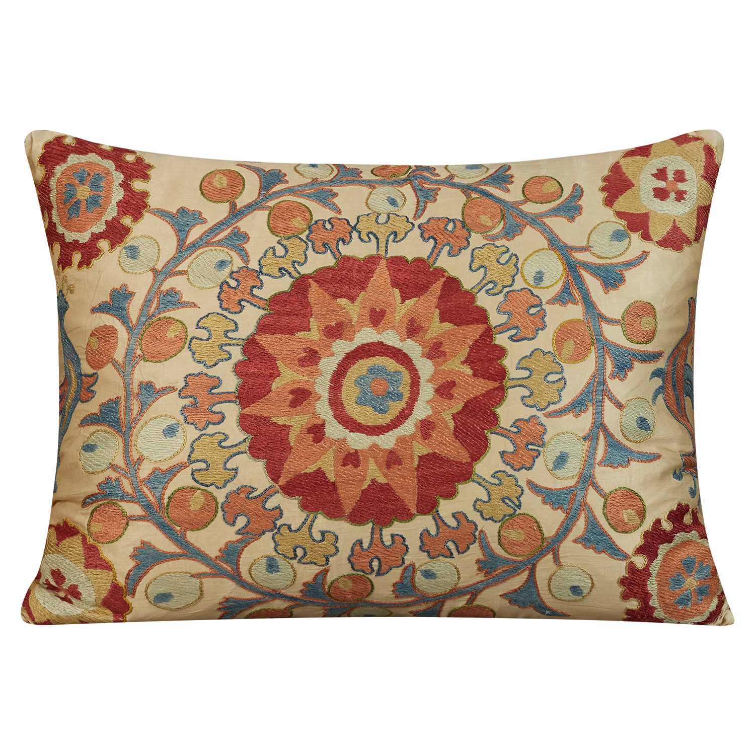 Rectangular medallion sunburst suzani on cream ground with coral back