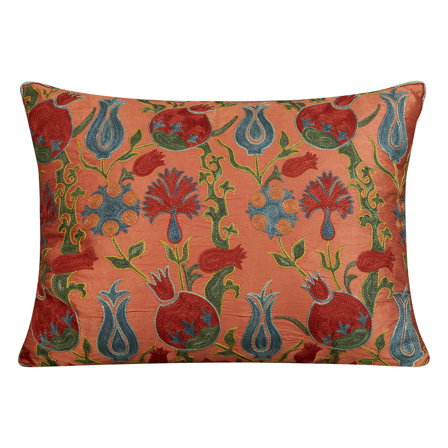 Rectangular tulip vine suzani on coral ground with green back