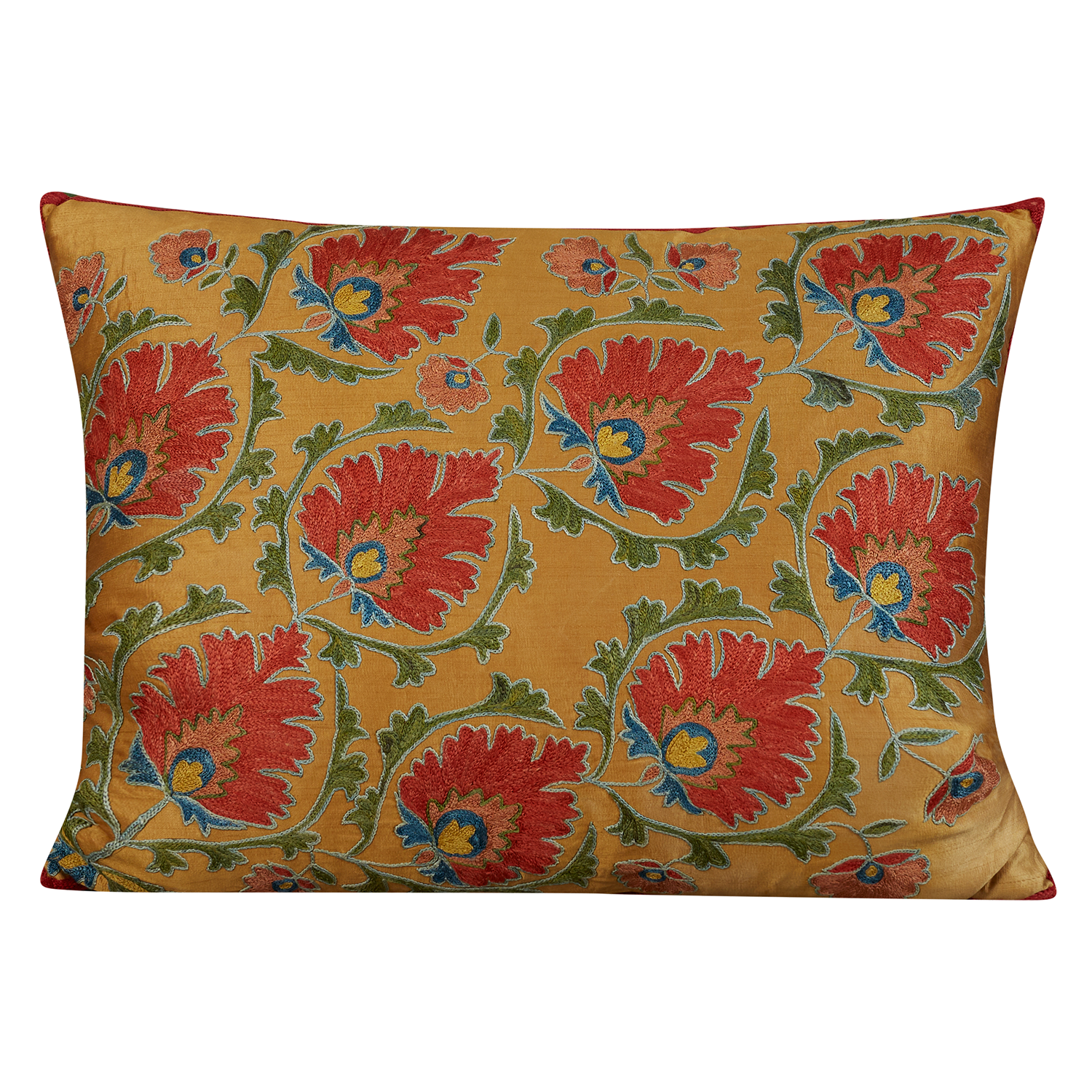 Rectangular golden botanical tulip suzani with green back
