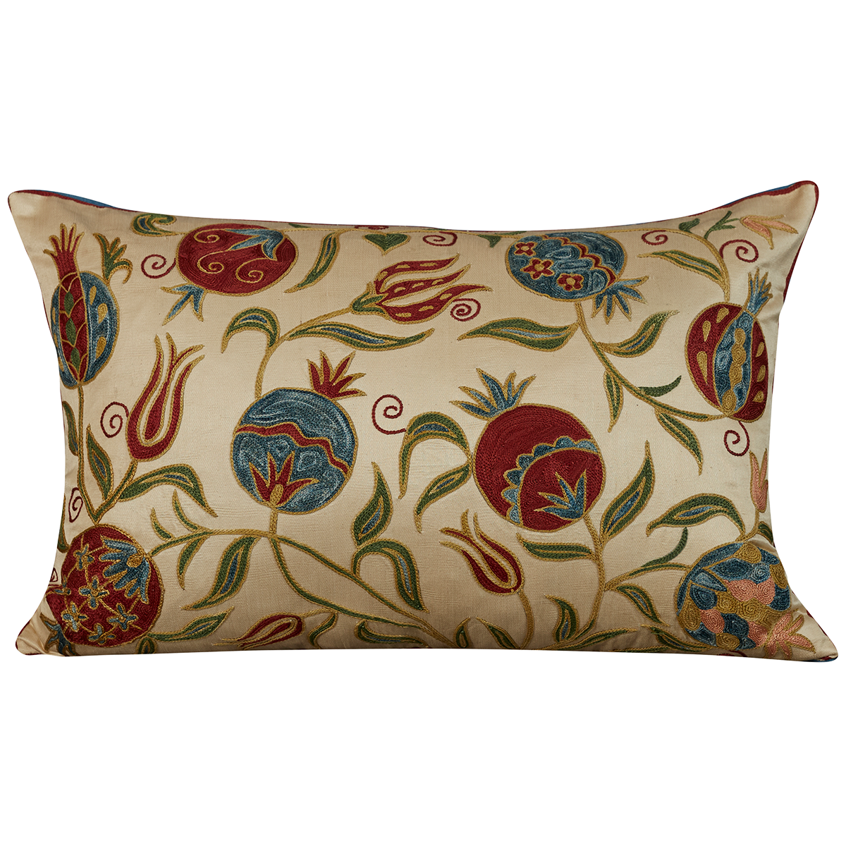 Rectangular silk suzani cushion with all over floral pomegranate design