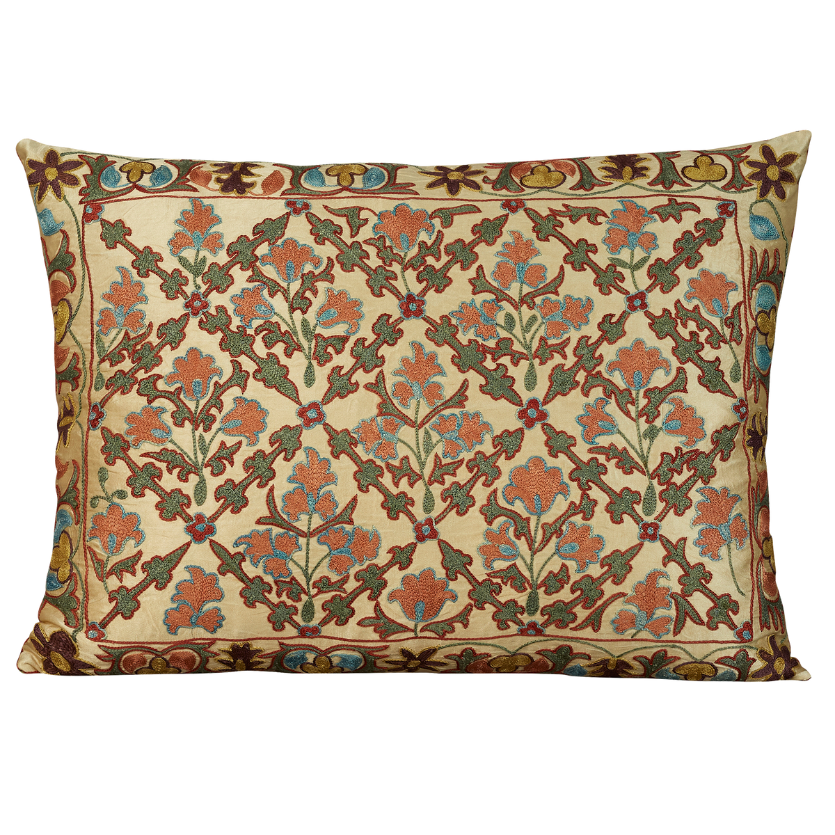 Rectangular Persian lattice design suzani on cream ground