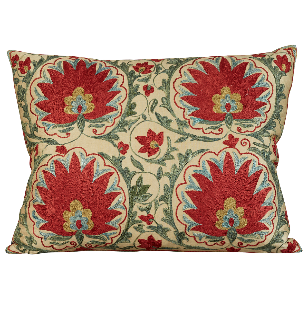 Rectangular Lotus leaf and garland vine design suzani on cream silk ground