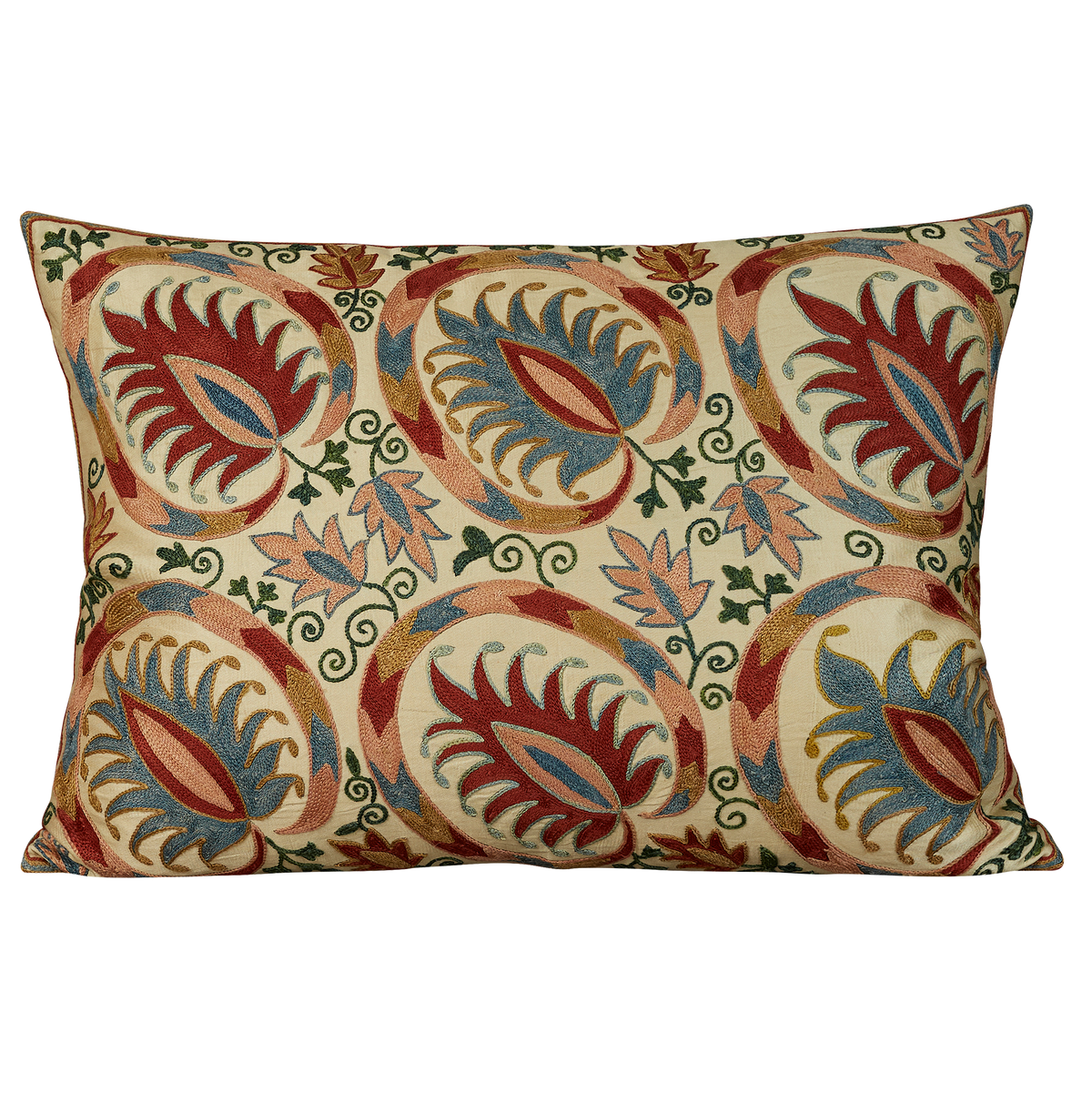 Rectangular large floral medallion design suzani on cream silk ground