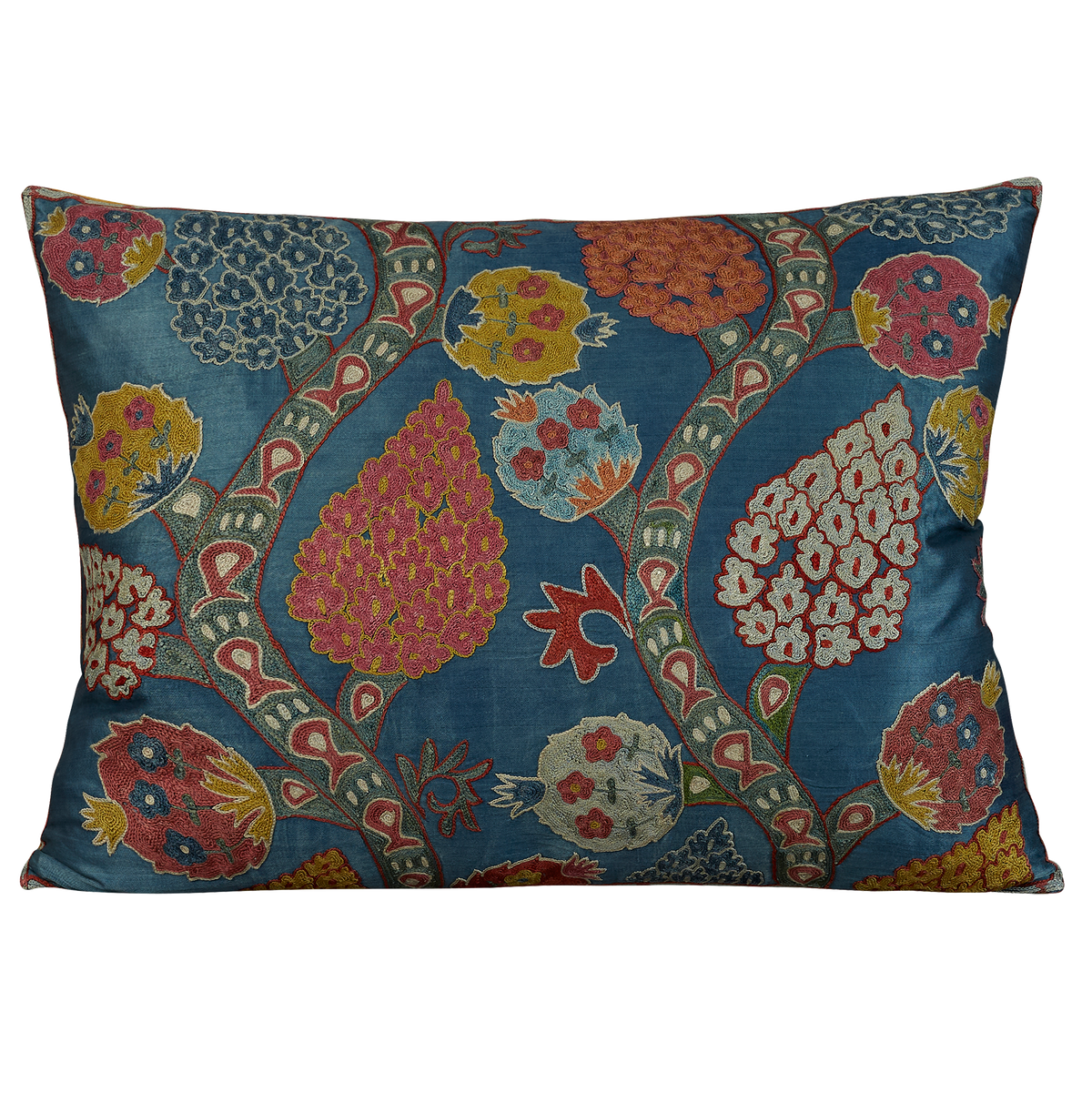 Rectangular pomegranate and flowering vine design suzani on petrol blue silk ground