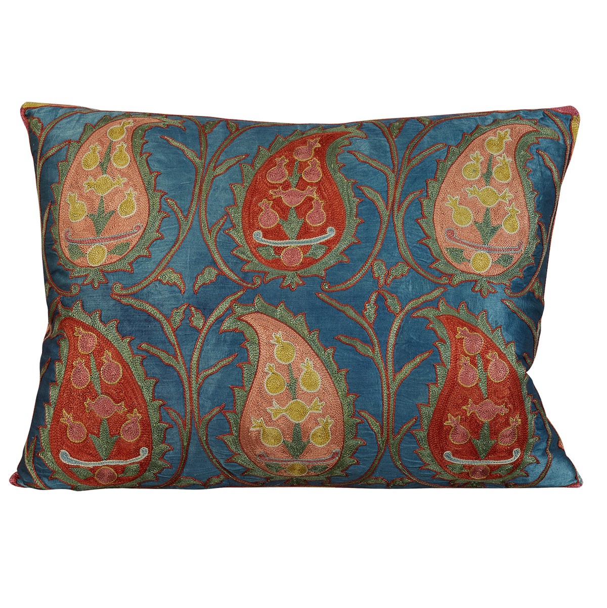 Rectangular paisley design suzani on French blue silk ground