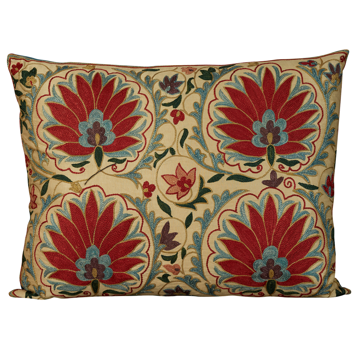 Rectangular Lotus leaf and garland vine design suzani on cream silk ground with blue silk back