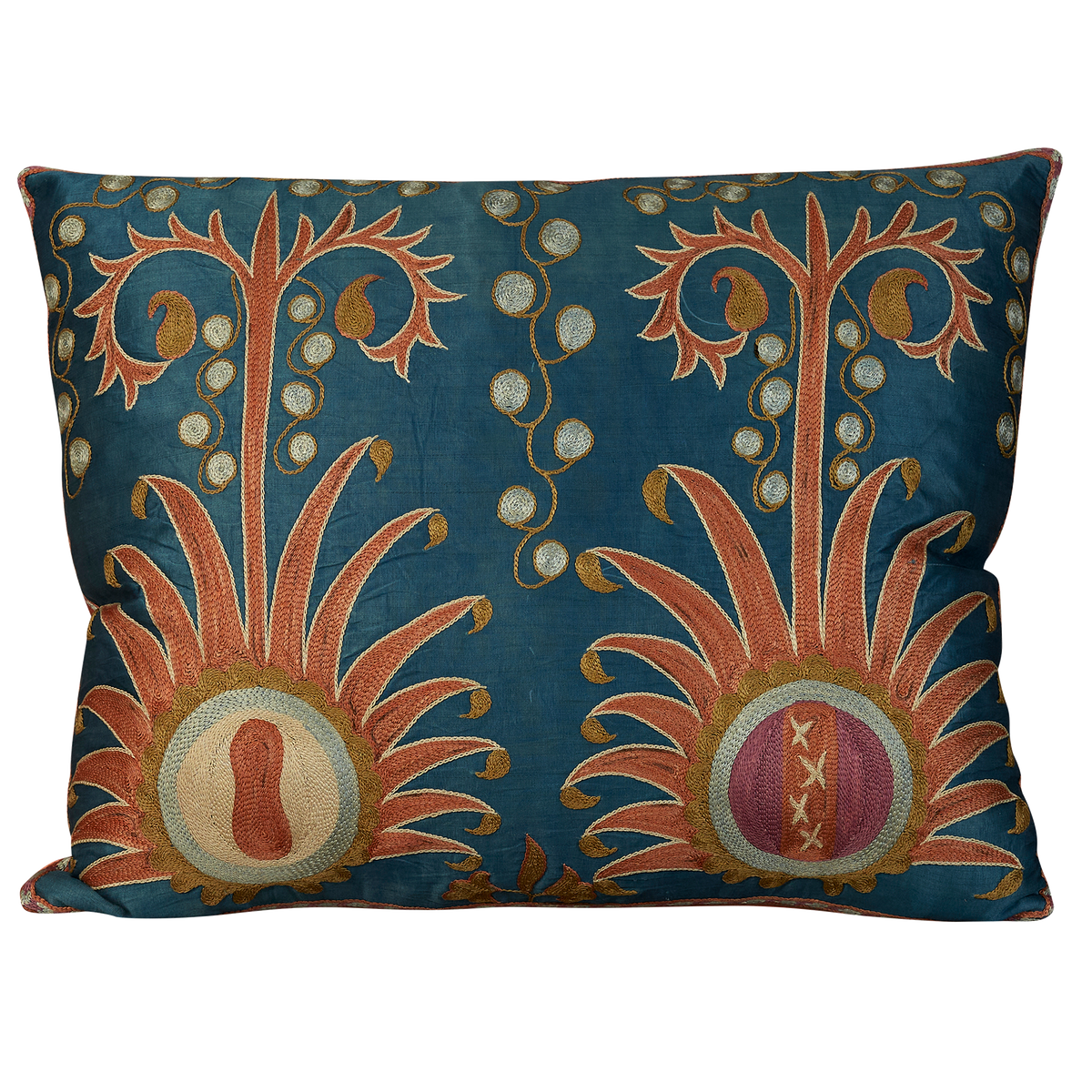 Rectangular Ottoman stylised pomegranate motif design suzani blue silk ground