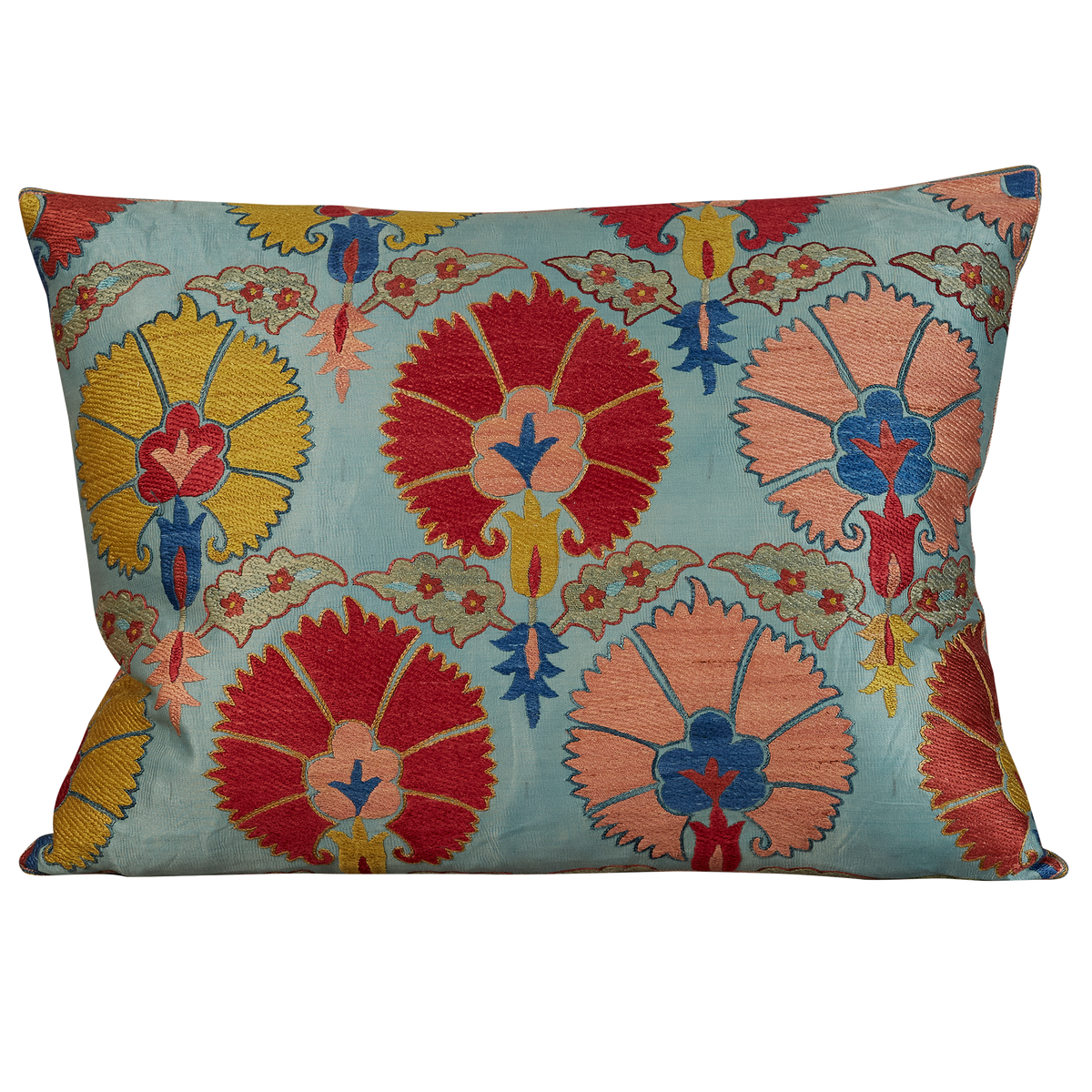 Rectangular large floral design suzani pale blue silk ground