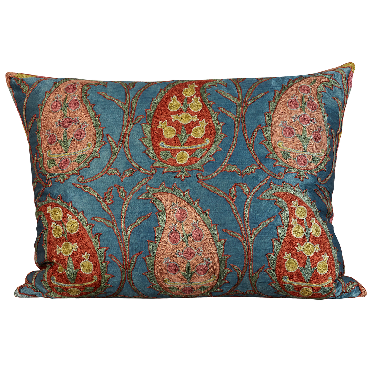Rectangular pink and red paisley design suzani pale blue silk ground