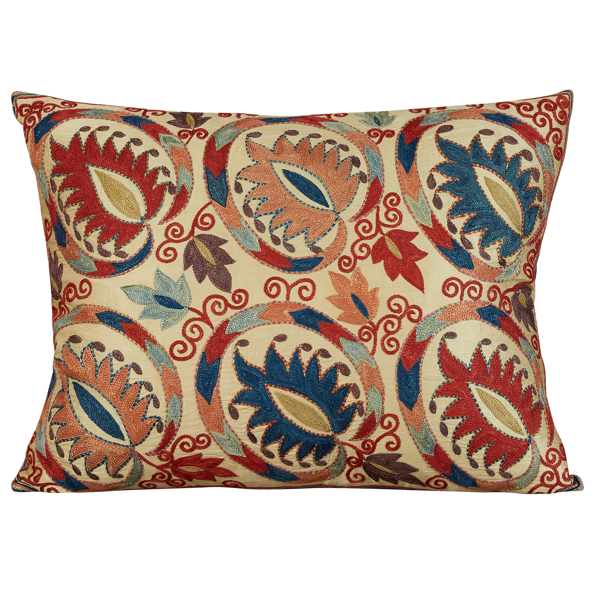Rectangular large floral medallion design suzani on cream silk ground with blue back