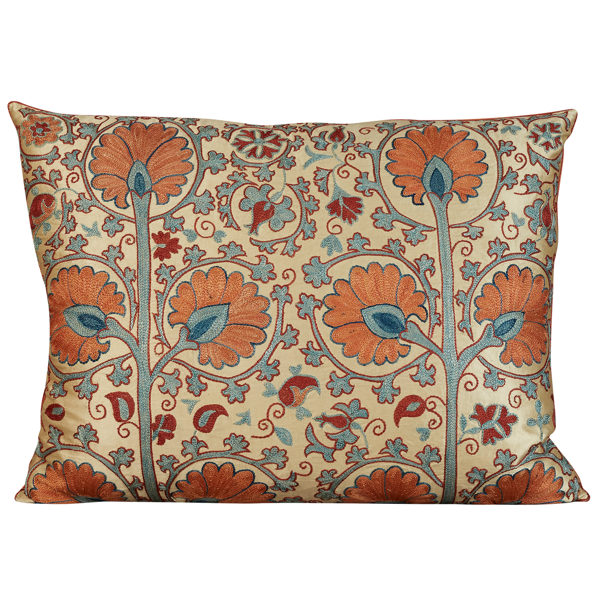 Rectangular tree and orange floral design suzani on cream silk ground
