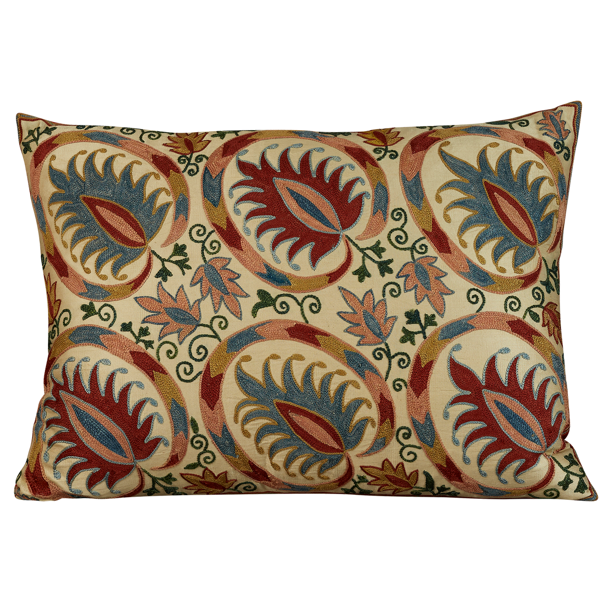 Rectangular large floral medallion design suzani on cream silk ground with red back