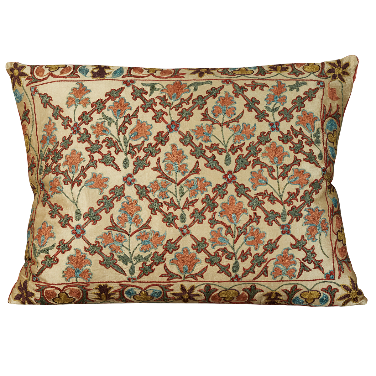 Rectangular Persian lattice design suzani on cream silk ground with pink silk back