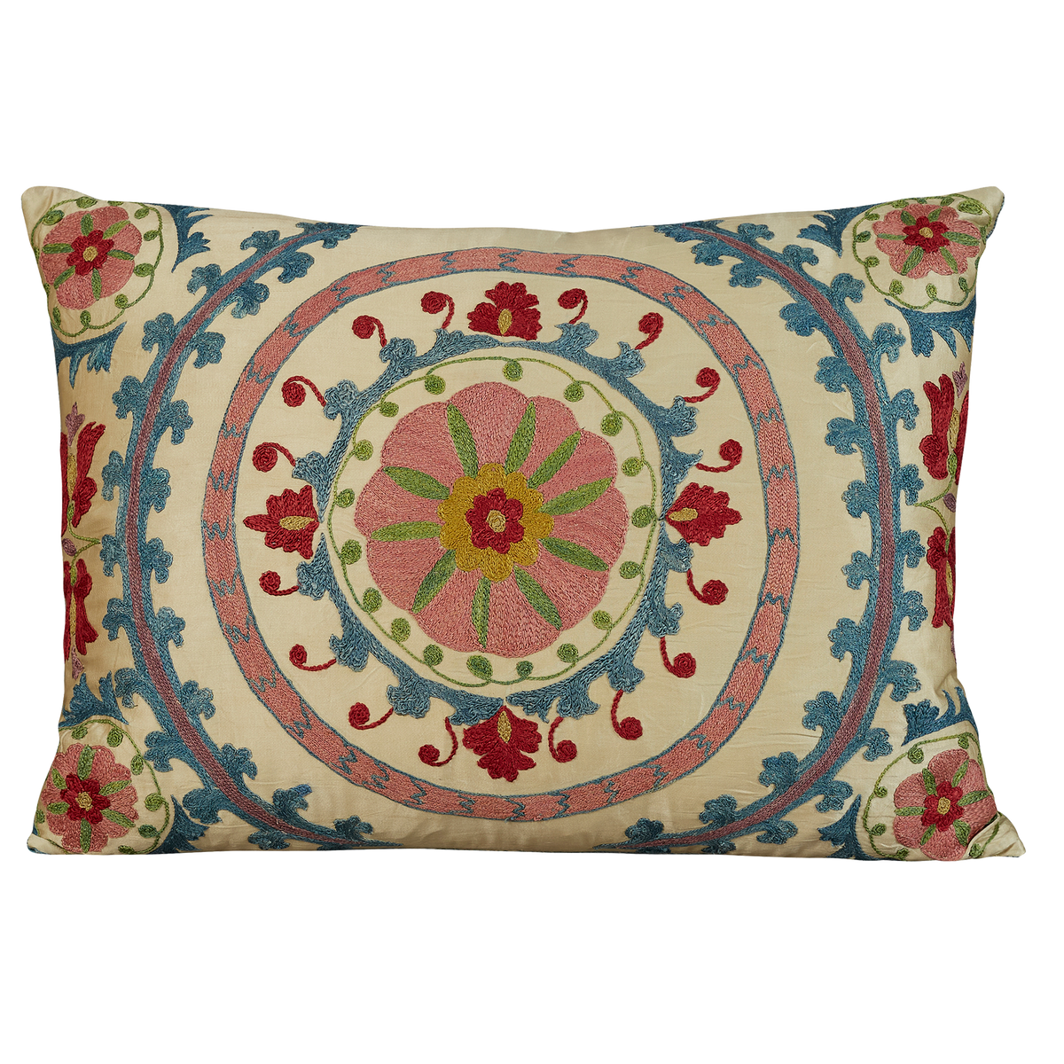 Rectangular pink and blue central flower medallion design suzani with blue silk back