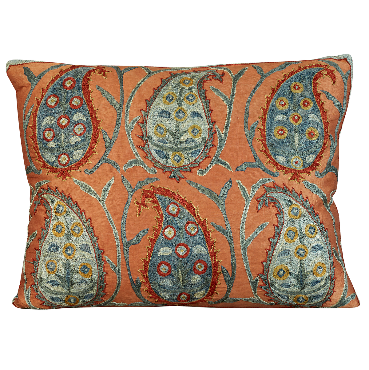 Rectangular blue paisley design suzani on pink silk ground