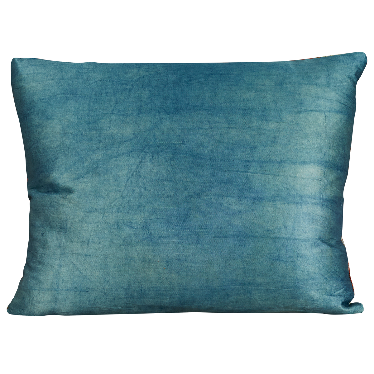Rectangular blue paisley design suzani on pink silk ground